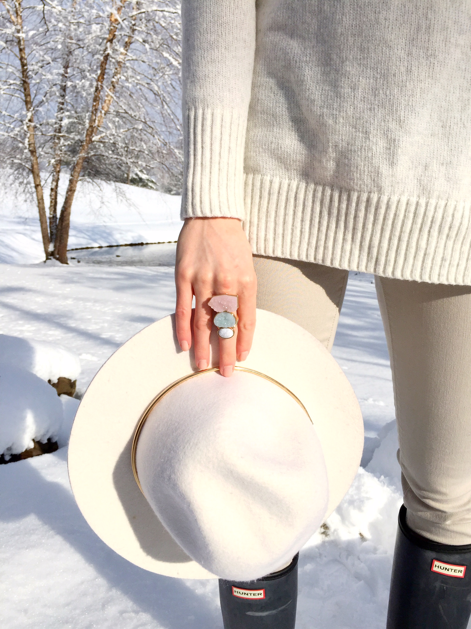 crystal marble and gold ring | floppy hat | hunter boots | winter white outfit idea