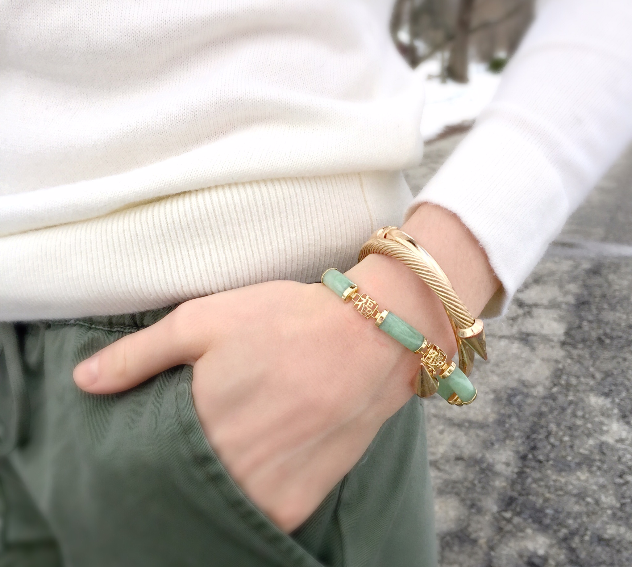 jade and gold arm party | stacked bracelets