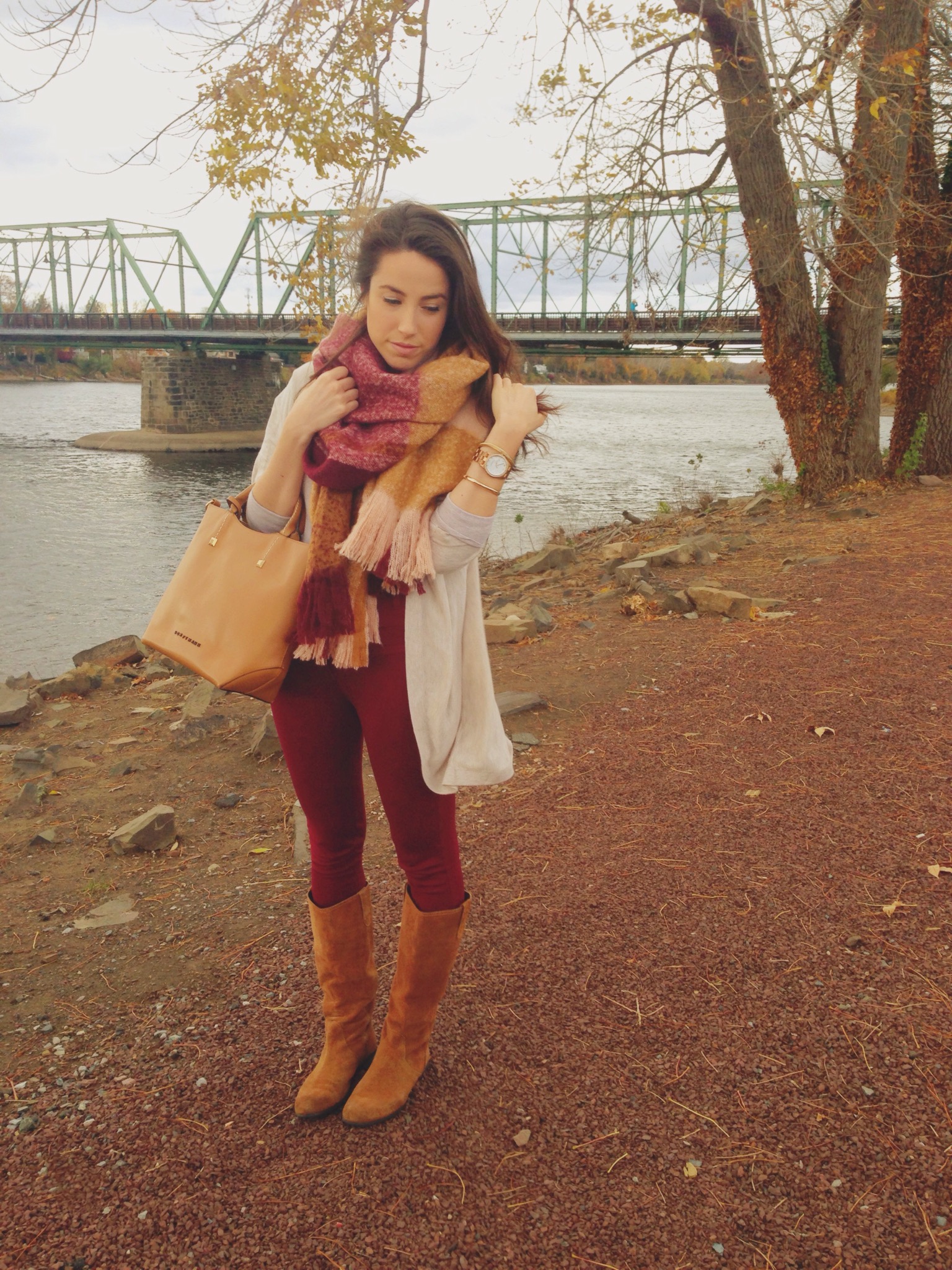 a fall plaid blanket scarf | blush and camel