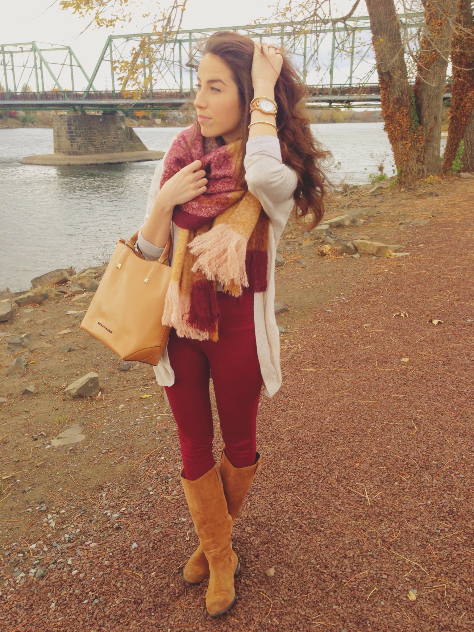 a fall plaid blanket scarf | blush and camel