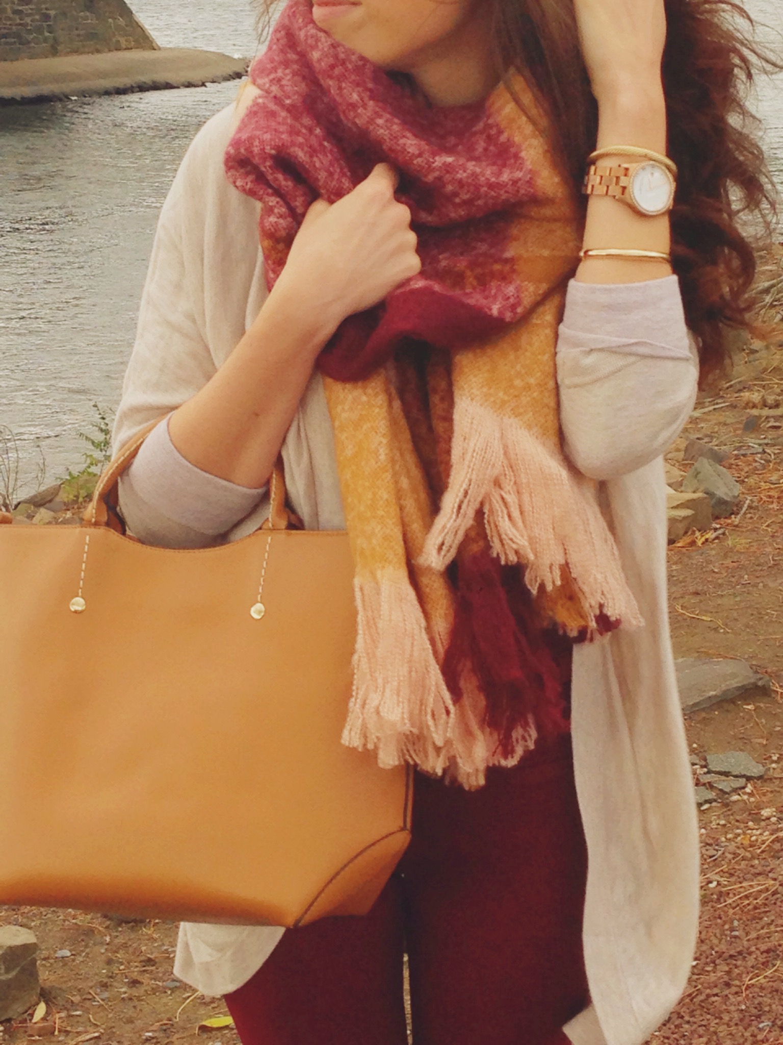 a fall plaid blanket scarf | blush and camel