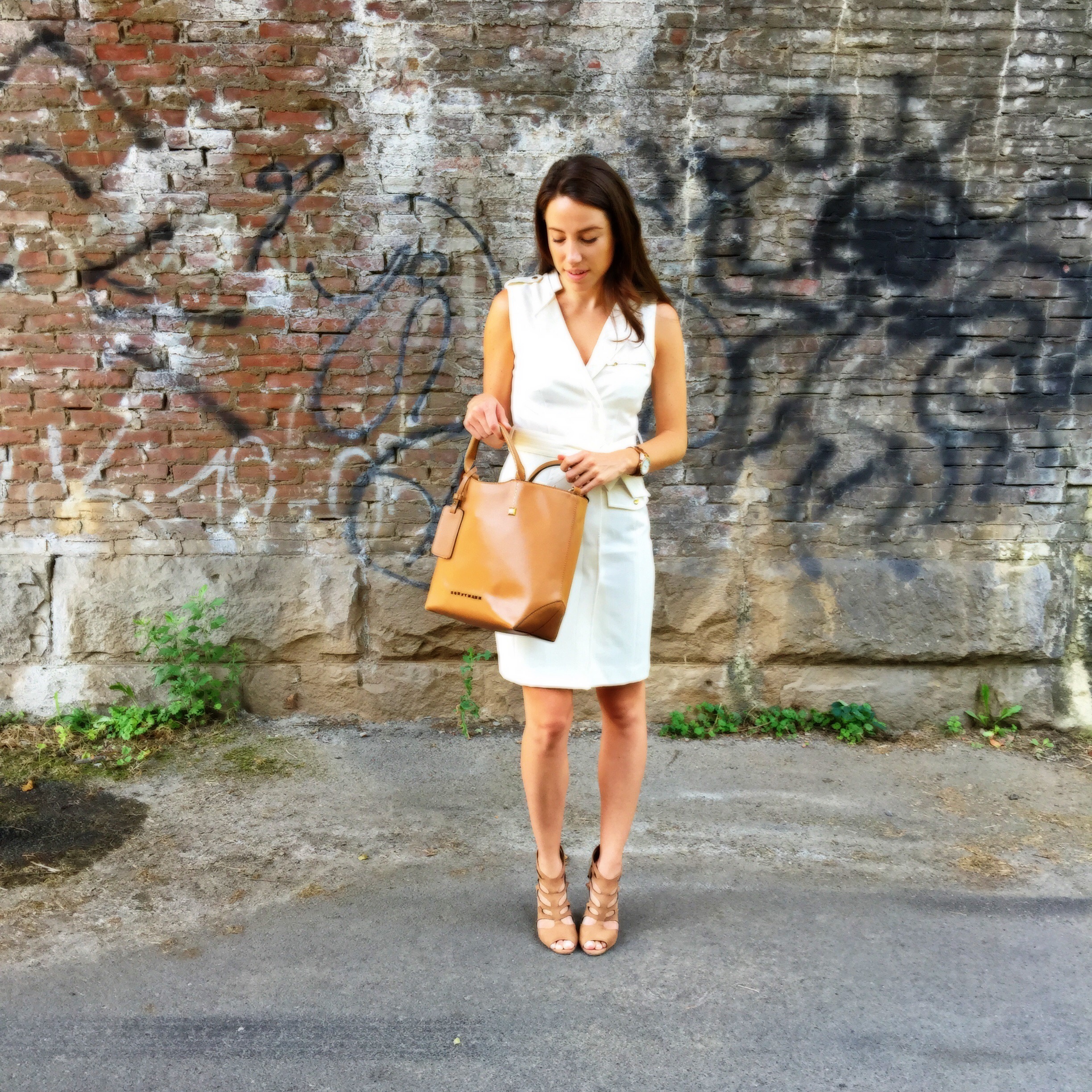 white vest dress and nude heel sandals
